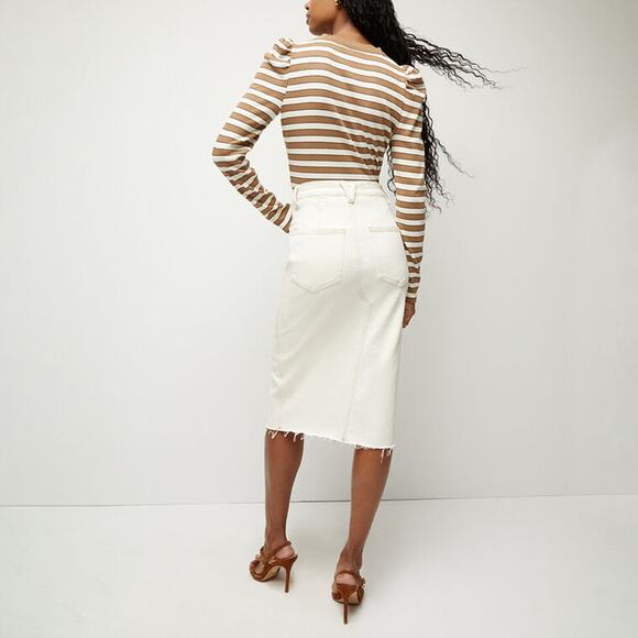 NWT Veronica Beard Breves Midi Denim Skirt US 8 White Ecru Front Slit Raw Hem - Picture 6 of 16